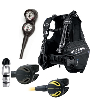 Oceanic Diver Package is an open water package with simple regulator, octopus, jacket bcd and 2 gauge console