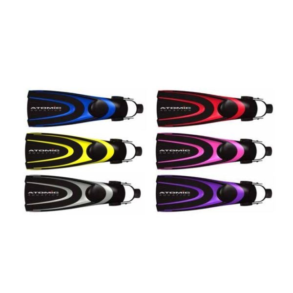 Atomic Aquatics BladeFin a plastic flexible finable, yellow, silver, red, pink, purple with a strap and quick release buckle