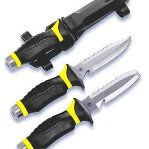 UK blue tank knife yellow and black with pointed and blunt tip pictured and the knife in a sheath