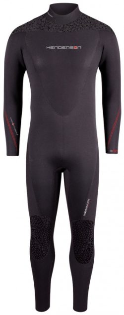 Henderson Thermaxx 7mm wetsuit for colder water diving offers a larger range of sizes for bigger men and women and features 10 year warranty, basic black colour with blue shoulders and absorbent Thermaxx inner lining increases warmth
