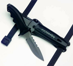 Atomic Aquatics Ti6 Titanium Knife Pointed Tip with plastic sheath, rubber leg straps blunt or pointed tip