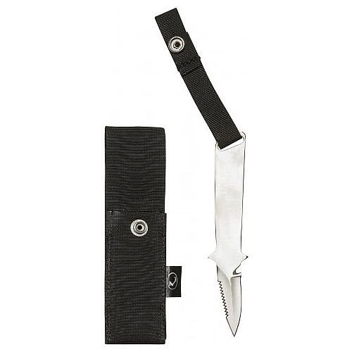 eagle bcd knife with point and flat metal handle with button strap that connects to supplied black sheath made of nylon