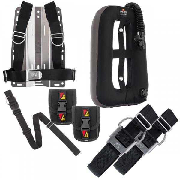 dive rite xt lite backplate with standard harness, 1.5" crotch strap, 2 travel weight pockets, travel exp wing and 2 bcd cam straps