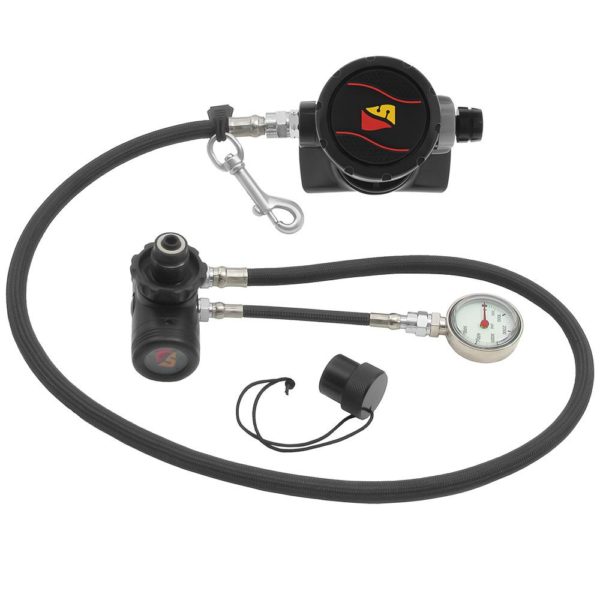 dive rite xt stage regulator package with din cap, dive rite stage spg on 6" HP hose, first stage with swive, second stage with 40" hose and new flexible second stage cover. Stainless Steel Bolt Snap