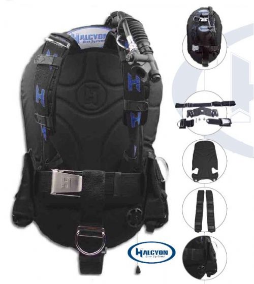 halcyon infinity bcd system with choice of backplate, cinch harness, back pad, shoulder pads, black wing and choice of single tank or weighted single tank adapter