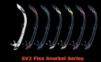 all main colours of the atomic aquatics sv2 snorkel with a splash guard that helps prevent water from entering with black background shows clear black, black red, black blue, black white, black yellow, black pink