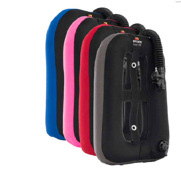 dive rite travel exp wing blue, pink, red, grey wings shown