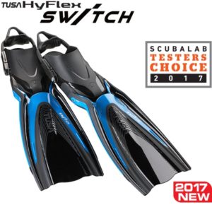 tusa hyflex switch fins blue with black foot pocket and middle blade channel