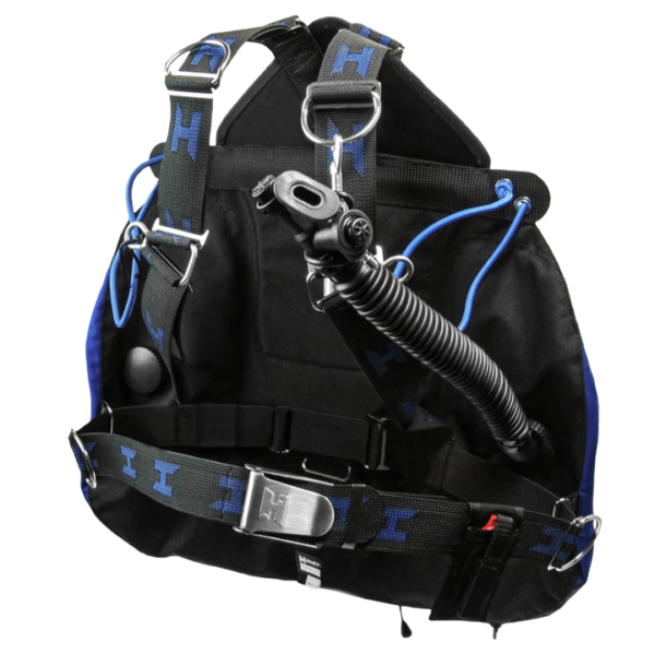 Halcyon Zero Gravity Sidemount BCD harness with 2 shoulder d-rings made of stainless steel and blue shockcord loops to secure the tanks under your arms, a low pressure inflator, small compact wing and stainless steel mounting loops on the bottom of the harness