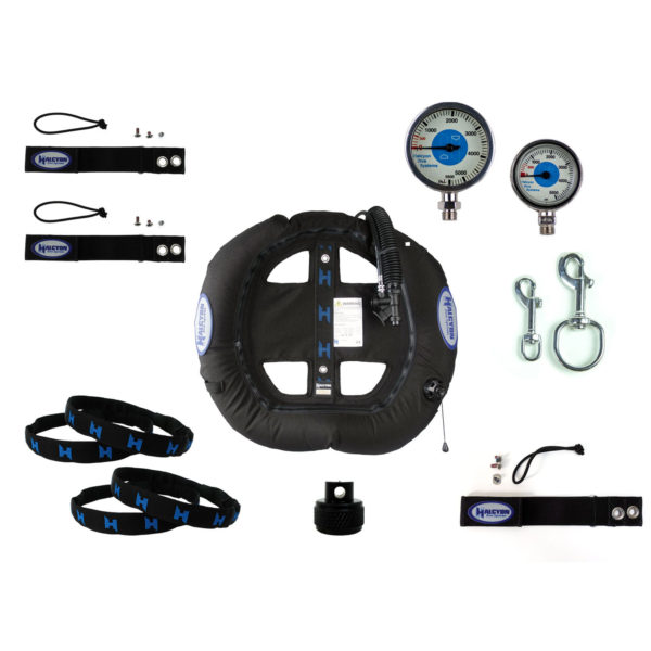 Halcyon JJ CCR Accessories Student Kit features nylon straps with velcro, brass pressure gauges, stainless steel bolt snaps, a scuba diving bcd, metal pipe clamps and more