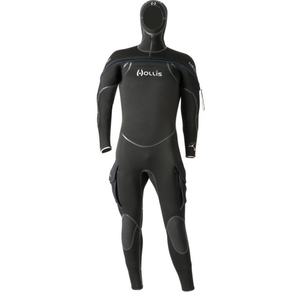 Hollis NeoTek V2 8/7/6mm Neoprene Wetsuit with Hood attached and thigh pockets on each leg is a semi-dry wetsuit for scuba diving