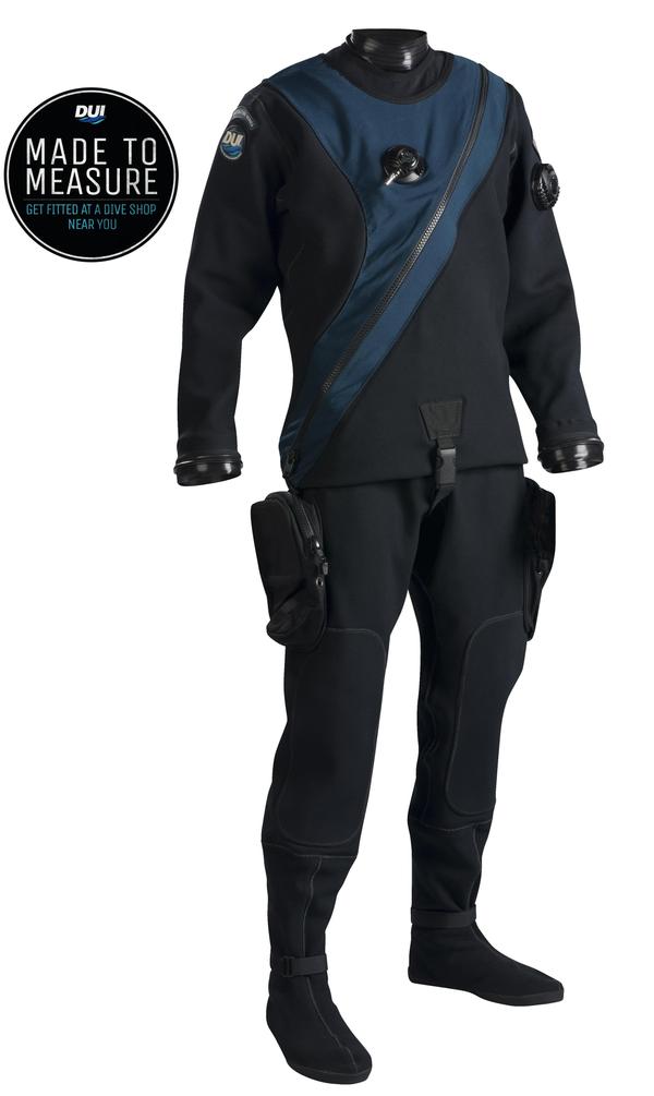 DUI CF200X Drysuit pictured with midnight blue overlay and thigh pockets