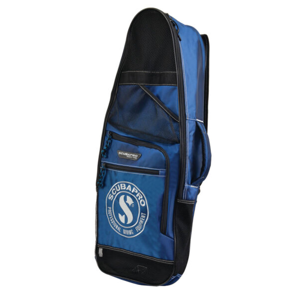 Scubapro Beach Bag a blue and black bag with scubapro logo on an expandable small front pocket has a mesh zippered area and a carry handle