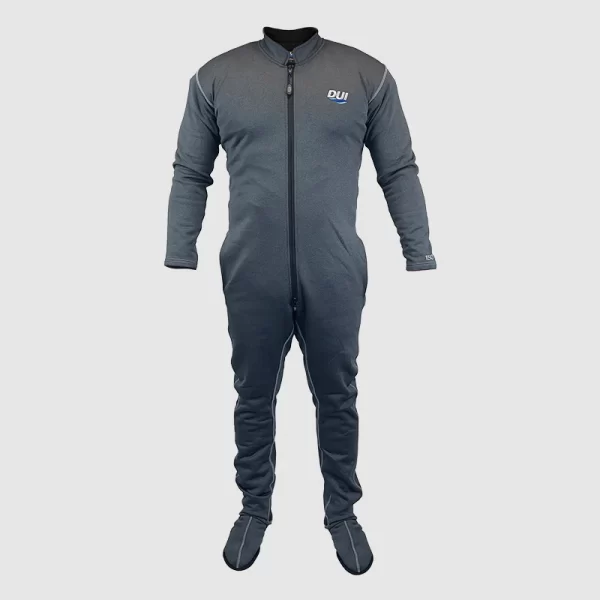 DUI DuoTherm II Jumpsuit 150 undercut all grey with foot stirrups, socks pictured but not included
