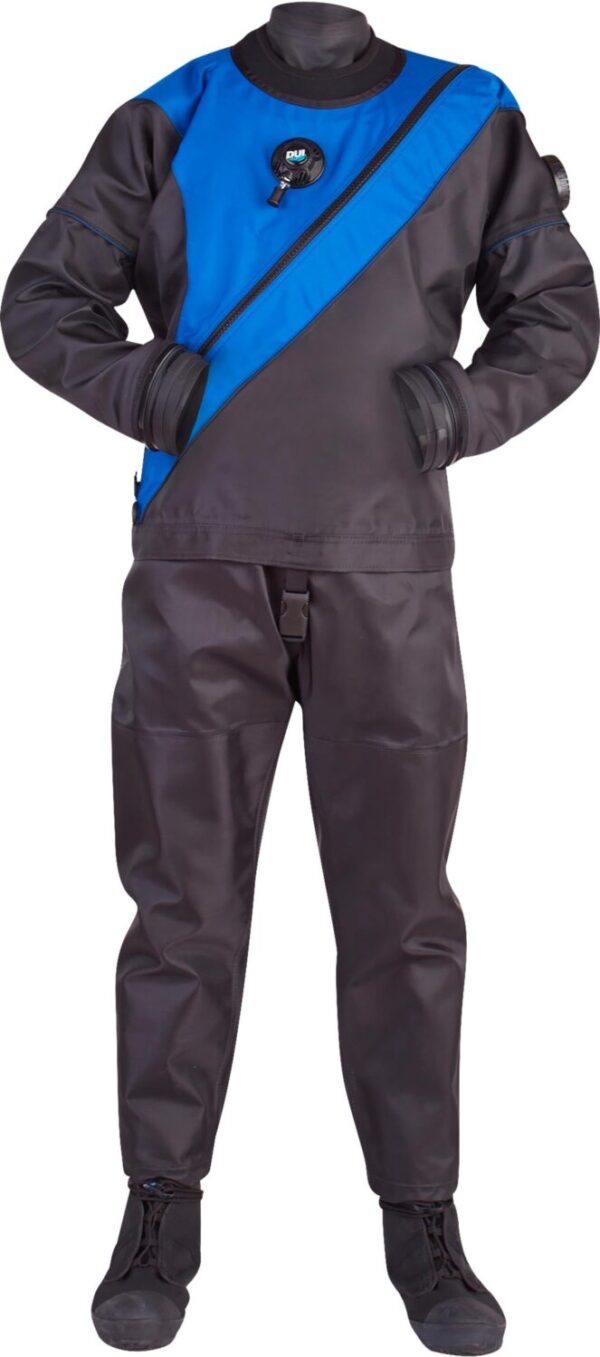 dui TLS350 Drysuit lightweight black nylon suit with blue chest triangle overlay and standard seals