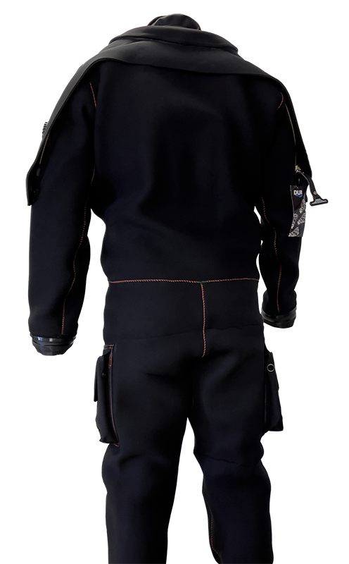 DUI CD300 Sport Diver Drysuit back entry view of zipper flap, zipper, pockets and seals