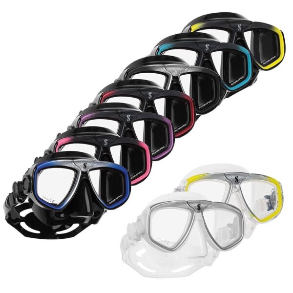 scuba pro zoom mask all 7 colours in black skirt with 2 clear skirted options we don't stock. Black/Silver, Black/Pink/Black/Red, Black/Purple, Black/Black, Black/Turquoise, Black/Yellow