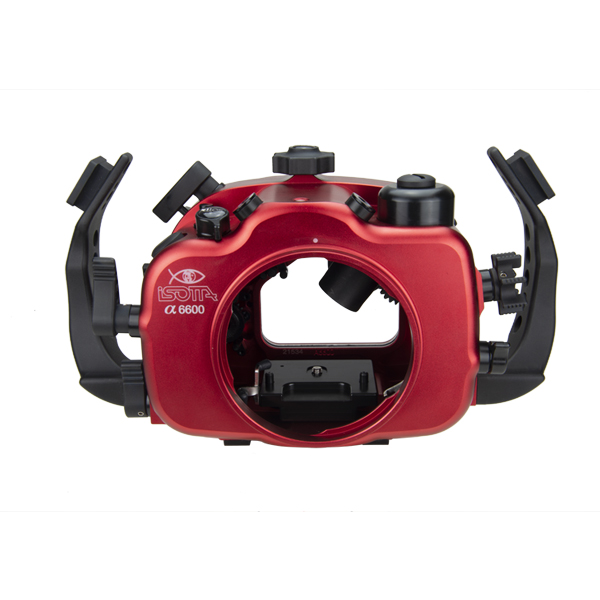 isotta Sony a6600 underwater housing all aluminum body red with black arms and adjustments