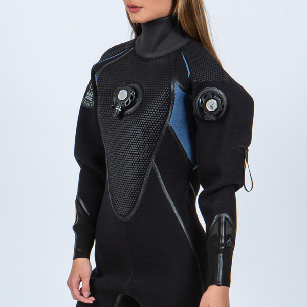fourth element Hydra Drysuit ladies black with blue under the armpit to breast line with all black fabric, seals and valves