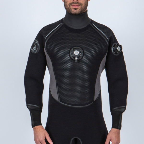 fourth element Hydra Drysuit mens black body with grey under the arms to the waist line with black valves and seals