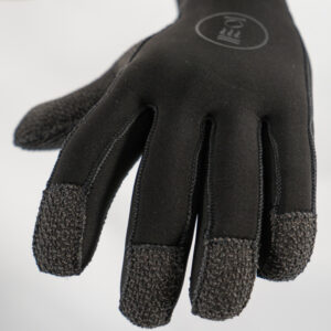 Fourth Element 5mm Kevlar Hydrolock Gloves black gloves with grey kevlar material on finger tips, fingers and palm with a wrist seal.