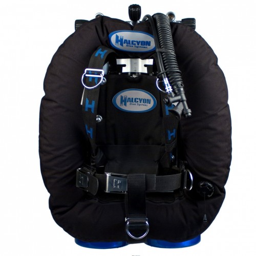 Halcyon Evolve BCD System shown with black wing, stainless plate, standard harness with blue H's and stainless steel hardware and 2" crotch strap