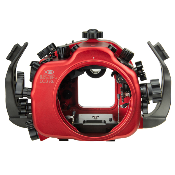 Isotta Canon EOS R5 Underwater Camera Housing red body with black handles and adjustment knobs