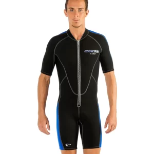 Cressi Lido Shorty Wetsuit Men's Black with blue accents on the outer leg and a front entry zipper. Cressi Logo front left chest