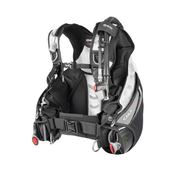 Mares Kaila SLS BCD black with grey accent piping above the pockets, weight system with trim pockets