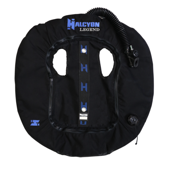 Halcyon Legend Wing for doubles with a half circle hole cut in the back of the fabric in the upper shoulder region of then material all black with embroidered blue Halcyon logo