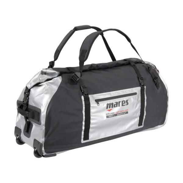 Mares Cruise Dry Roller Bag black sides with backpack straps, wheels on the bottom and grey on the bottom fabric