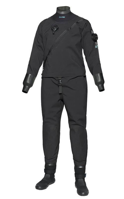 Bare Aqua-Trek 1 Tech Drysuit all black with attached boots and standard seals
