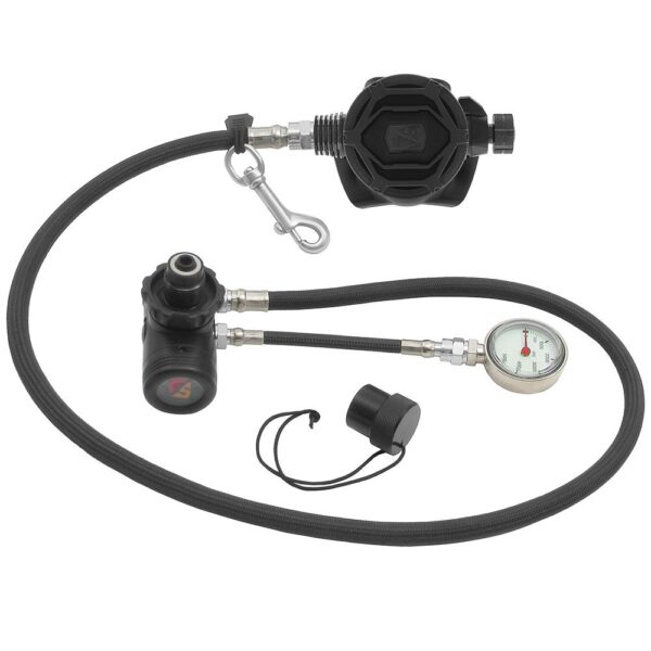Dive Rite XT4 Stage Regulator Package black second stage with 40" hose, bolt snap on hose, DIN black first stage with high pressure 6" hose and gauge with plastic din cap.