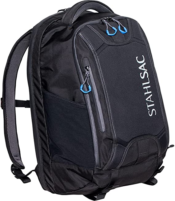 Stahlsac Steel Backpack blacl fabric padded straps carry handle top blue zipper pulls