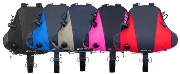 Dive Rite Nomad Ray Sidemount BCD Harness in colours black, blue, outdoor green, pink, red accents on each corner of the rear of the wing