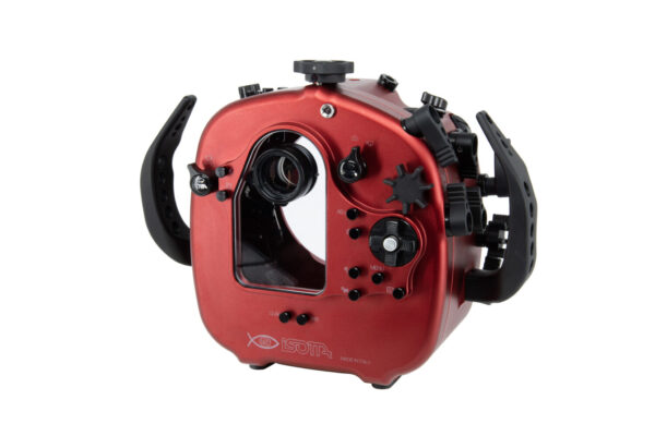 Isotta Nikon Z9 Underwater Camera Housing back view. Red anodized aluminum body, black side handles, clear viewing window and adjustment knobs