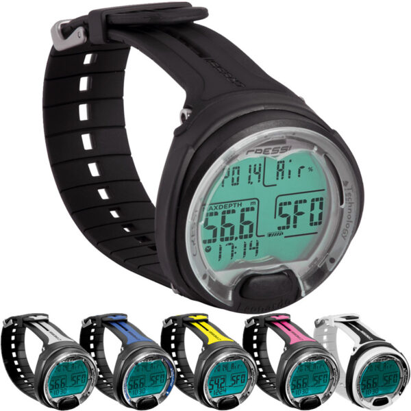 Cressi Leonardo Dive Computer wrist black/grey large unit featured, smaller images black with green, blue, yellow, pink and white wrist straps