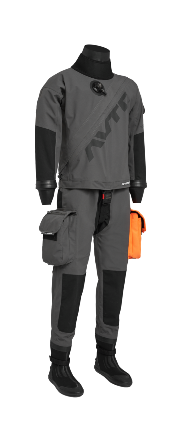 Avatar 102 Drysuit Grey body, black knees, crotch and lower arms. Orange right pocket, grey black pocket
