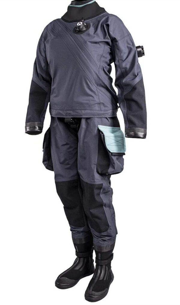 Avatar Airon 102 Ladies Drysuit all grey with light teal pocket flap on left pocket