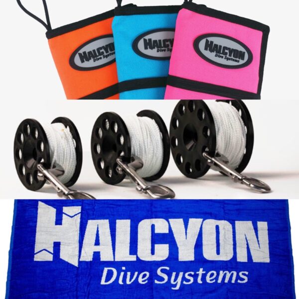 Halcyon Stocking Stuffers Holiday Bundle wetnotes choice of orange, aqua blue, pink with defender 150 spool and halcyon dive systems logo towel