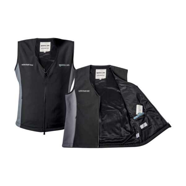 Mares XR Active Heating Vest black front and back, zipper up the front with grey on the sides under the arms